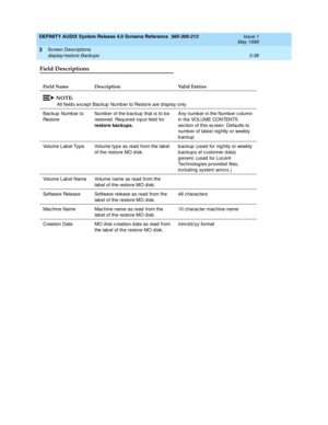 Page 90DEFINITY AUDIX System Release 4.0 Screens Reference  585-300-213  Issue 1
May 1999
Screen Descriptions 
3-38 display/restore Backups 
3
Field Descriptions
Field Name Description Valid Entries
NOTE:
All field s exc ept Backup  Numb er to Restore are d isplay only
Bac kup  Numb er to 
Res t or eNumb er of the b ackup that is to b e 
restored . Req uired inp ut field  for 
restore backups.Any numb er in the Numb er c olumn 
in the VOLUME CONTENTS 
sec tion of this sc reen. Defaults to 
number of latest nig...