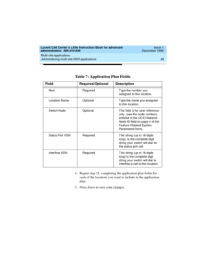 Page 121Lucent Call Center’s Little Instruction Book for advanced 
administration  585-210-936  Issue 1
December 1999
Multi-site applications 
99 Administering multi-site BSR applications 
4. Repeat step 11, completing the application plan fields for 
each of the locations you want to include in the application 
plan.
5. Press Enter to save your changes.
Table 7: Application Plan Fields
Field Required/Optional Description
Num Required Type the number you 
assigned to this location. 
Location Name Optional Type...