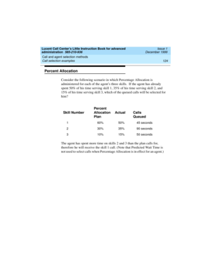 Page 146Call and agent selection methods 
124 Call selection examples 
Lucent Call Center’s Little Instruction Book for advanced 
administration  585-210-936  Issue 1
December 1999
Percent Allocation
Consider the following scenario in which Percentage Allocation is 
administered for each of the agent’s three skills.  If the agent has already 
spent 50% of his time serving skill 1, 35% of his time serving skill 2, and 
15% of his time serving skill 3, which of the queued calls will be selected for 
him? 
The...