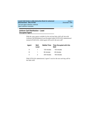 Page 150Call and agent selection methods 
128 Agent selection examples 
Lucent Call Center’s Little Instruction Book for advanced 
administration  585-210-936  Issue 1
December 1999
Uniform Call Distribution - Least 
Occupied Agent 
With the same agents available for the arriving Sales skill call, but with 
Uniform Call Distribution-Least Occupied Agent (UCD-LOA) administered 
instead of EAD-LOA, which agent will receive the next call?    
With UCD-LOA administered, Agent C receives the next arriving call for...