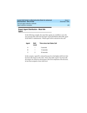 Page 151Lucent Call Center’s Little Instruction Book for advanced 
administration  585-210-936  Issue 1
December 1999
Call and agent selection methods 
129 Agent selection examples 
Expert Agent Distribution - Most Idle 
Agent 
In the following example, the same three agents are available to serve the 
next arriving Sales skill call, but Expert Agent Distribution-Most Idle Agent 
(EAD-MIA) is administered.  Which agent will be selected for the call?    
In this scenario, Agent B is selected because he is the...