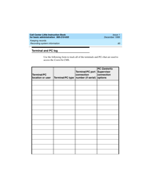 Page 107Call Center Little Instruction Book
for basic administration  585-210-935  Issue 1
December 1999
Keeping records 
85 Recording system information 
Terminal and PC log
Use the following form to track all of the terminals and PCs that are used to 
access the CentreVu CMS.
Terminal/PC 
location or user
Terminal/PC type
Terminal/PC port 
connection 
number (if serial) 
PC CentreVu 
Supervisor 
connection 
options 