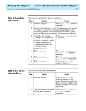 Page 61  Maintaining Mirrored Systems  CentreVu CMS Release 3 Version 8 Disk-Mirrored Systems
Restoring a mirrored system from a CMSADM backup55
Step 8: Select the 
hard disks
3
This procedure selects hard disks for partitioning.
Step 9: Set up the 
disk partitions
3
This procedure sets up the disk partitions.Task Action Result
1 No Action Required. The Select Disks 
screen is 
displayed.
2
Check the list of disk drives in the Available column: it should list 
every disk in your system. If it doesn’t, you...