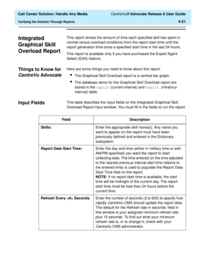 Page 113  Call Center Solution: Handle Any Media CentreVu® Advocate Release 8 User Guide
Verifying the Solution Through Reports4-21
Integrated 
Graphical Skill 
Overload Report
4
This report shows the amount of time each specified skill has spent in 
normal versus overload conditions from the report start time until the 
report generation time since a specified start time in the last 24 hours.
This report is available only if you have purchased the Expert Agent 
Select (EAS) feature.
Things to Know for 
CentreVu...