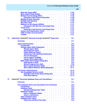 Page 13   CentreVu® Advocate Release 8 User Guide
xiii
Most Idle Agent (MIA)    .    .    .    .    .    .    .    .    .    .    .    .    .    .    .   11-29
Move Agent While Staffed  .    .    .    .    .    .    .    .    .    .    .    .    .    .   11-29
Multiple Call Handling (MCH)  .    .    .    .    .    .    .    .    .    .    .    .    .   11-30
Interaction with Percent Allocation     .    .    .    .    .    .    .    .    .   11-30
Multiple Priority Queuing   .    .    .    .    .    .    .    ....