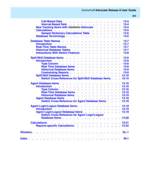 Page 14   CentreVu® Advocate Release 8 User Guide
xiv
Call-Based Data .    .    .    .    .    .    .    .    .    .    .    .    .    .    .    .   13-4
Interval-Based Data     .    .    .    .    .    .    .    .    .    .    .    .    .    .   13-4
New Tracking Items with 
CentreVu Advocate     .    .    .    .    .    .    .   13-4
Calculations    .    .    .    .    .    .    .    .    .    .    .    .    .    .    .    .    .    .   13-5
Sample Dictionary Calculations Table     .    .    .    .    .    ....