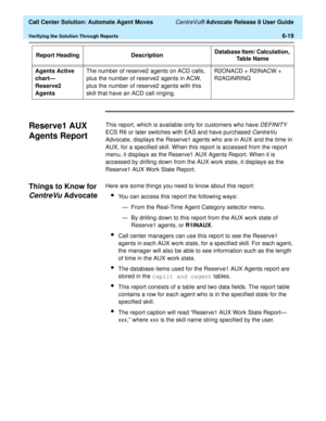 Page 157  Call Center Solution: Automate Agent Moves CentreVu® Advocate Release 8 User Guide
Verifying the Solution Through Reports6-19
Reserve1 AUX 
Agents Report
6
This report, which is available only for customers who have DEFINITY 
ECS R6 or later switches with EAS and have purchased 
CentreVu 
Advocate, displays the Reserve1 agents who are in AUX and the time in 
AUX, for a specified skill. When this report is accessed from the report 
menu, it displays as the Reserve1 AUX Agents Report. When it is...