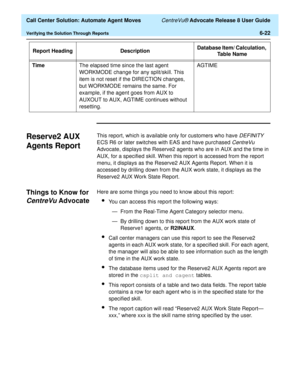 Page 160  Call Center Solution: Automate Agent Moves CentreVu® Advocate Release 8 User Guide
Verifying the Solution Through Reports6-22
Reserve2 AUX 
Agents Report
6
This report, which is available only for customers who have DEFINITY 
ECS R6 or later switches with EAS and have purchased 
CentreVu 
Advocate, displays the Reserve2 agents who are in AUX and the time in 
AUX, for a specified skill. When this report is accessed from the report 
menu, it displays as the Reserve2 AUX Agents Report. When it is...