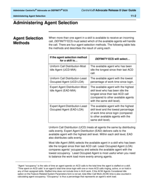 Page 234  Administer CentreVu® Advocate on DEFINITY® ECS CentreVu® Advocate Release 8 User Guide
Administering Agent Selection11-2
Administering Agent Selection11
Agent Selection 
Methods
11
When more than one agent in a skill is available to receive an incoming 
call, 
DEFINITY ECS must select which of the available agents will handle 
the call. There are four agent selection methods. The following table lists 
the methods and describes the result of using each.
Uniform Call Distribution (UCD) treats all agents...
