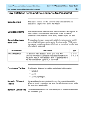 Page 280  CentreVu® Advocate Database Items and Calculations CentreVu® Advocate Release 8 User Guide
How Database Items and Calculations Are Presented13-2
How Database Items and Calculations Are Presented0
Introduction0This section outlines how the CentreVu CMS database items and 
calculations are presented later in the chapter.
Database Items0This chapter defines database items used in CentreVu CMS reports. All 
new 
CentreVu Advocate items are available on the DEFINITY® 
Enterprise Communications Server (ECS),...