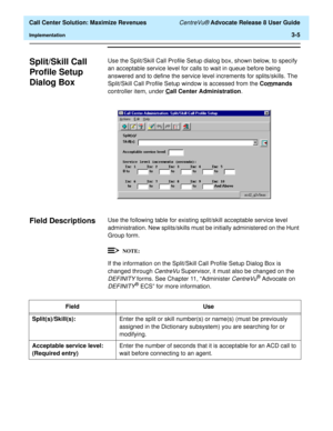 Page 77  Call Center Solution: Maximize Revenues CentreVu® Advocate Release 8 User Guide
Implementation3-5
Split/Skill Call 
Profile Setup 
Dialog Box
3
Use the Split/Skill Call Profile Setup dialog box, shown below, to specify 
an acceptable service level for calls to wait in queue before being 
answered and to define the service level increments for splits/skills. The 
Split/Skill Call Profile Setup window is accessed from the Com
mands 
controller item, under C
all Center Administration.
Field...