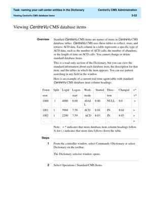 Page 108  Task: naming your call center entities in the Dictionary  CentreVu CMS Administration
Viewing CentreVu CMS database items3-52
............................................................................................................................................................................................................................................................Viewing CentreVu CMS database items
OverviewStandard CentreVu CMS items are names of items in CentreVu CMS 
database tables....