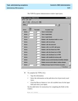 Page 217  Task: administering exceptions  CentreVu CMS Administration
Administering VDN exceptions8-21
The VDN Exception Administration window input opens.
...........................................................................................................................................................................
4To complete the VDN(s) box:
• Type the information. 
• Select the information on the pull-down list of previously used 
items.
• Click the Browse button to view all available items for the...