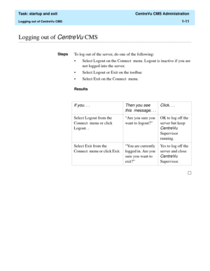 Page 23  Task: startup and exit  CentreVu CMS Administration
Logging out of CentreVu CMS1-11
............................................................................................................................................................................................................................................................Logging out of CentreVu CMS 
StepsTo log out of the server, do one of the following:
• Select Logout on the Connect  menu. Logout is inactive if you are 
not logged into...