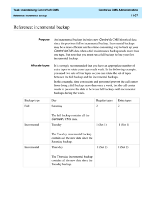 Page 361  Task: maintaining CentreVu® CMS  CentreVu CMS Administration
Reference: incremental backup11-37
............................................................................................................................................................................................................................................................Reference: incremental backup 
PurposeAn incremental backup includes new CentreVu CMS historical data 
since the previous full or incremental backup....