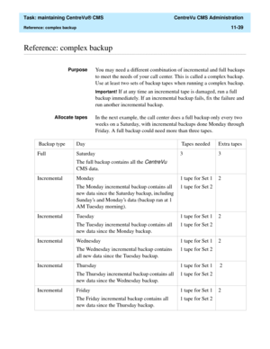 Page 363  Task: maintaining CentreVu® CMS  CentreVu CMS Administration
Reference: complex backup11-39
............................................................................................................................................................................................................................................................Reference: complex backup
PurposeYou may need a different combination of incremental and full backups 
to meet the needs of your call center. This is called a...