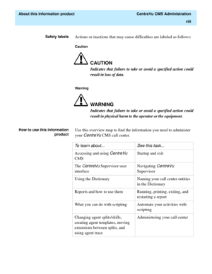 Page 8  About this information product  CentreVu CMS Administration
viii
Safety labelsActions or inactions that may cause difficulties are labeled as follows:
Caution
CAUTION
Indicates that failure to take or avoid a specified action could
result in loss of data.
Wa rning
WARNING
Indicates that failure to take or avoid a specified action could
result in physical harm to the operator or the equipment. 
How to use this information
productUse this overview map to find the information you need to administer 
your...