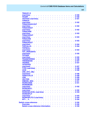 Page 16   CentreVu® CMS R3V8 Database Items and Calculations
xvi
TINAUX1-9
(real-time)   .    .    .    .    .    .    .    .    .    .    .    .    .    .    .    .    .    .    .   2-180
TKGRP   .    .    .    .    .    .    .    .    .    .    .    .    .    .    .    .    .    .    .    .   2-180
TKSTATE (real-time) .    .    .    .    .    .    .    .    .    .    .    .    .    .    .    .   2-181
TONACD
(real-time)   .    .    .    .    .    .    .    .    .    .    .    .    .    .    .    .    .    ....