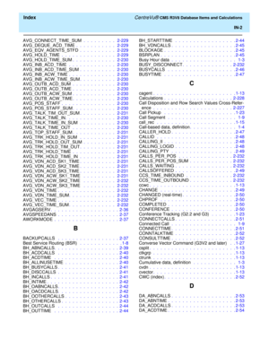 Page 294  Index CentreVu® CMS R3V8 Database Items and Calculations
IN-2
AVG_CONNECT_TIME_SUM .  .  .  .  .  .  .  .  .   2-229
AVG_DEQUE_ACD_TIME .  .  .  .  .  .  .  .  .  .  .   2-229
AVG_EQV_AGENTS_STFD .  .  .  .  .  .  .  .  .  .   2-229
AVG_HOLD_TIME .  .  .  .  .  .  .  .  .  .  .  .  .  .  .   2-229
AVG_HOLD_TIME_SUM.  .  .  .  .  .  .  .  .  .  .  .   2-230
AVG_INB_ACD_TIME  .  .  .  .  .  .  .  .  .  .  .  .  .   2-230
AVG_INB_ACD_TIME_SUM .  .  .  .  .  .  .  .  .  .   2-230
AVG_INB_ACW_TIME .  .  ....