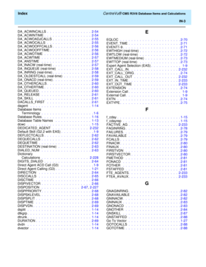 Page 295  Index CentreVu® CMS R3V8 Database Items and Calculations
IN-3
DA_ACWINCALLS .  .  .  .  .  .  .  .  .  .  .  .  .  .  .  .  2-54
DA_ACWINTIME .  .  .  .  .  .  .  .  .  .  .  .  .  .  .  .  .  2-54
DA_ACWOADJCALLS .  .  .  .  .  .  .  .  .  .  .  .  .  .  2-55
DA_ACWOCALLS  .  .  .  .  .  .  .  .  .  .  .  .  .  .  .  .  2-55
DA_ACWOOFFCALLS.  .  .  .  .  .  .  .  .  .  .  .  .  .  2-56
DA_ACWOOFFTIME.  .  .  .  .  .  .  .  .  .  .  .  .  .  .  2-56
DA_ACWOTIME .  .  .  .  .  .  .  .  .  .  .  .  .  ....