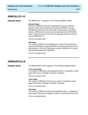 Page 62  Database Items and Calculations CentreVu® CMS R3V8 Database Items and Calculations
Database Items2-10
ABNCALLS1-102
Database tables2The ABNCALLS1-10 appears in the following database tables:
Split/skill tables
Number of ABNCALLS that were abandoned during the collection 
interval in each of the service level increments PERIOD1 through 
PERIOD9 (as defined on the Call Center Administration: Call Profile 
window). ABNCALLS10 counts calls that abandoned after PERIOD9. 
Note: If call profiles are not set,...