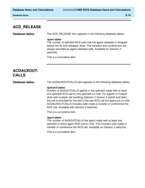 Page 67  Database Items and Calculations CentreVu® CMS R3V8 Database Items and Calculations
Database Items2-15
ACD_RELEASE2
Database tables2The ACD_RELEASE item appears in the following database tables:
Agent tables
The number of split/skill ACD calls that the agent released or dropped 
before the far end released. Note: The transfers and conferences are 
always recorded as agent-released calls. Available for Generic 3 
switches.
This is a cumulative item.
ACDAUXOUT-
CALLS
2
Database tables2The ACDAUXOUTCALLS...