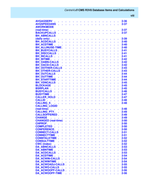 Page 8   CentreVu® CMS R3V8 Database Items and Calculations
viii
AVGAGSERV   .    .    .    .    .    .    .    .    .    .    .    .    .    .    .    .    .    .   2-36
AVGSPEEDANS   .    .    .    .    .    .    .    .    .    .    .    .    .    .    .    .    .   2-37
AWORKMODE
(real-time)   .    .    .    .    .    .    .    .    .    .    .    .    .    .    .    .    .    .    .   2-37
BACKUPCALLS   .    .    .    .    .    .    .    .    .    .    .    .    .    .    .    .    .   2-37
BH_ABNCALLS...