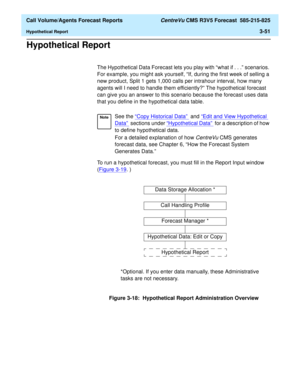 Page 119  Call Volume/Agents Forecast Reports CentreVu CMS R3V5 Forecast  585-215-825
Hypothetical Report3-51
Hypothetical Report3
The Hypothetical Data Forecast lets you play with “what if . . .” scenarios. 
For example, you might ask yourself, “If, during the first week of selling a 
new product, Split 1 gets 1,000 calls per intrahour interval, how many 
agents will I need to handle them efficiently?” The hypothetical forecast 
can give you an answer to this scenario because the forecast uses data 
that you...