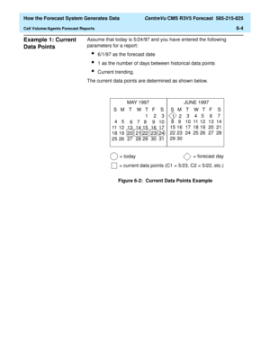 Page 156  How the Forecast System Generates Data CentreVu CMS R3V5 Forecast  585-215-825
Call Volume/Agents Forecast Reports6-4
Example 1: Current 
Data Points
6
Assume that today is 5/24/97 and you have entered the following 
parameters for a report:
l6/1/97 as the forecast date
l1 as the number of days between historical data points
lCurrent trending.
The current data points are determined as shown below.
Figure 6-2:  Current Data Points Example= today
= current data points (C1 = 5/23, C2 = 5/22, etc.)=...