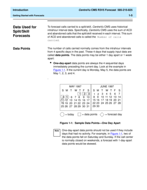 Page 17  Introduction CentreVu CMS R3V5 Forecast  585-215-825
Getting Started with Forecasts1-5
Data Used for 
Split/Skill 
Forecasts
1
To forecast calls carried to a split/skill, CentreVuCMS uses historical 
intrahour interval data. Specifically, 
CentreVuCMS uses the sum of ACD 
and abandoned calls that the split/skill received in each interval. This sum 
of ACD and abandoned calls is called the Number of calls 
carried.
Data Points1The number of calls carried normally comes from the intrahour intervals 
from...