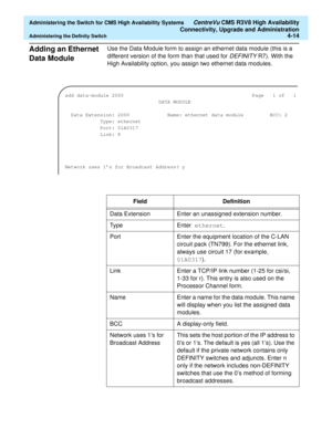 Page 108  Administering the Switch for CMS High Availability Systems CentreVu CMS R3V8 High Availability
Connectivity, Upgrade and Administration
Administering the Definity Switch4-14
Adding an Ethernet 
Data Module 
4
Use the Data Module form to assign an ethernet data module (this is a 
different version of the form than that used for 
DEFINITY R7). With the 
High Availability option, you assign two ethernet data modules.
add data-module 2000  Page  1 of  1
DATA MODULE
Data Extension: 2000  Name: ethernet data...