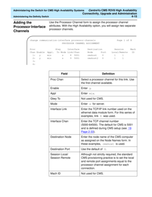 Page 109  Administering the Switch for CMS High Availability Systems CentreVu CMS R3V8 High Availability
Connectivity, Upgrade and Administration
Administering the Definity Switch4-15
Adding the 
Processor Interface 
Channels
4
Use the Processor Channel form to assign the processor channel 
attributes. With the High Availability option, you will assign two separate 
processor channels.
change communication-interface processor-channels  Page 1 of X
PROCESSOR CHANNEL ASSIGNMENT
Proc  Gtwy  Interface  Destination...