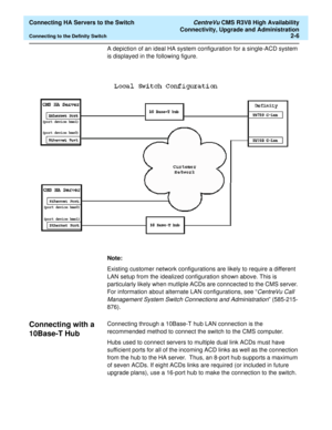 Page 18  Connecting HA Servers to the Switch CentreVu CMS R3V8 High Availability
Connectivity, Upgrade and Administration
Connecting to the Definity Switch2-6
A depiction of an ideal HA system configuration for a single-ACD system 
is displayed in the following figure. 
Note:
Existing customer network configurations are likely to require a different 
LAN setup from the idealized configuration shown above. This is 
particularly likely when mutliple ACDs are conncected to the CMS server. 
For information about...