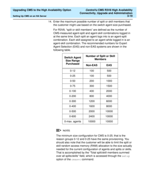 Page 39  Upgrading CMS to the High Availability Option CentreVu CMS R3V8 High Availability
Connectivity, Upgrade and Administration
Setting Up CMS on an HA Server3-19
14. Enter the maximum possible number of split or skill members that 
the customer might use based on the switch agent size purchased. 
For R3V8, “split or skill members” are defined as the number of 
CMS-measured agent-split and agent-skill combinations logged in 
at the same time. Each split an agent logs into is an agent-split 
combination....