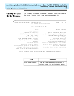 Page 98  Administering the Switch for CMS High Availability Systems CentreVu CMS R3V8 High Availability
Connectivity, Upgrade and Administration
Setting Up Version and Release Values4-4
Setting the Call 
Center Release
4
Use Page 4 of the System Parameters Customer Options form to set the 
Call Center Release. This is a new field introduced with R8.
change system-parameters customer-options Page  4 of  X
CALL CENTER OPTIONAL FEATURES
Call Center Release: 8.1
ACD? y  Reason Codes? y
BCMS (Basic)? y
BCMS/VuStats...