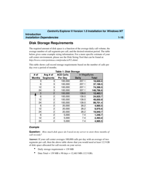 Page 22   CentreVu Explorer II Version 1.0 Installation for Windows NT 
Introduction
Installation Dependencies1-16
Disk Storage Requirements1
The required amount of disk space is a function of the average daily call volume, the 
average number of call segments per call, and the desired retention period. The table 
below gives some example sizing information. For a more specific estimate of your 
call center environment, please use the Disk Sizing Tool that can be found at:...