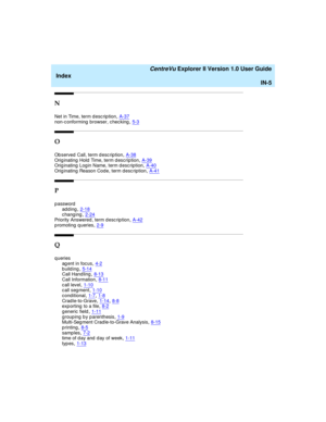 Page 269   CentreVu Explorer II Version 1.0 User Guide
Index
IN-5
N
Net in Time, term d esc rip tion,A-37non-c onforming  browser, checking,5-3
O
Ob served  Call, term d esc rip tion,A-38Orig inating  Hold Time, term d escrip tion,A-39Orig inating  Login Name, term d esc ription,A-40
Orig inating  Reason Cod e, term desc ription,A-41
P
p assword
adding
,2-18chang ing,2-24Priority Answered , term d esc rip tion,A-42
promoting queries,2-9
Q
queries
ag ent in focus
,4-2building,5-14Call Hand ling,8-13
Call...