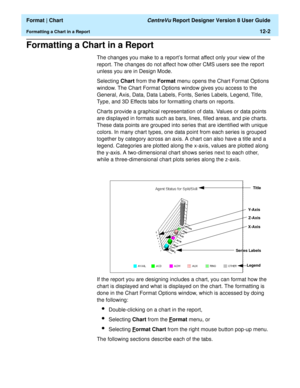 Page 152  Format | Chart CentreVu Report Designer Version 8 User Guide
Formatting a Chart in a Report12-2
Formatting a Chart in a Report12
The changes you make to a report’s format affect only your view of the 
report. The changes do not affect how other CMS users see the report 
unless you are in Design Mode.
Selecting Chart from the Format menu opens the Chart Format Options 
window. The Chart Format Options window gives you access to the 
General, Axis, Data, Data Labels, Fonts, Series Labels, Legend, Title,...