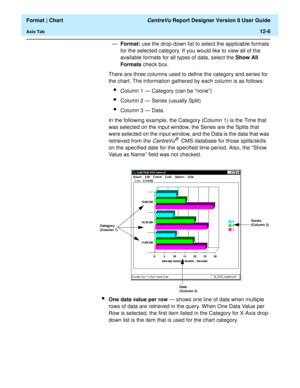 Page 156  Format | Chart CentreVu Report Designer Version 8 User Guide
Axis Tab12-6
—Format: use the drop-down list to select the applicable formats 
for the selected category. If you would like to view all of the 
available formats for all types of data, select the Show All 
Formats check box.
There are three columns used to define the category and series for 
the chart. The information gathered by each column is as follows:
lColumn 1 — Category (can be “none”)
lColumn 2 — Series (usually Split)
lColumn 3 —...