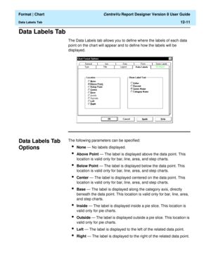 Page 161  Format | Chart CentreVu Report Designer Version 8 User Guide
Data Labels Tab12-11
Data Labels Tab12
The Data Labels tab allows you to define where the labels of each data 
point on the chart will appear and to define how the labels will be 
displayed.
Data Labels Tab 
Options
12
The following parameters can be specified:
lNone — No labels displayed.
lAbove Point — The label is displayed above the data point. This 
location is valid only for bar, line, area, and step charts.
lBelow Point — The label is...