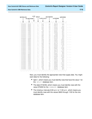 Page 221  How CentreVu® CMS Stores and Retrieves Data CentreVu Report Designer Version 8 User Guide
How CentreVu CMS Retrieves Data17-9
Next, you must identify the appropriate rows that supply data. You might 
want data for the following:
lSplit 1, which means you must identify rows that have the value 1 for 
the SPLIT 
database item.
lThe date 07/02/93, which means you must identify rows with the 
value 070293 for the ROWDATE 
database item.
lThe intrahour intervals 8:00 a.m. to 11:00 a.m., which means you...