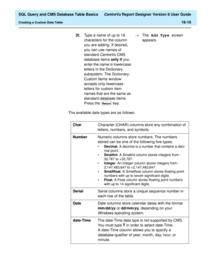 Page 238  SQL Query and CMS Database Table Basics CentreVu Report Designer Version 8 User Guide
Creating a Custom Data Table18-16
The available data types are as follows:2f.Type a name of up to 18 
characters for the column 
you are adding. If desired, 
you can use names of 
standard 
CentreVuCMS 
database items only if you 
enter the name in lowercase 
letters in the Dictionary 
subsystem. The Dictionary: 
Custom Items window 
accepts only lowercase 
letters for custom item 
names that are the same as 
standard...
