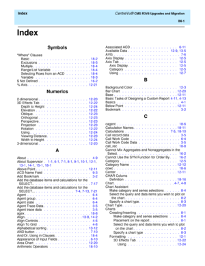 Page 255  Index CentreVu® CMS R3V8 Upgrades and Migration
IN-1
Index
Symbols
Where Clauses
Basic .  .  .  .  .  .  .  .  .  .  .  .  .  .  .  .  .  .  .  .  .  . 18-2
Exclusions .  .  .  .  .  .  .  .  .  .  .  .  .  .  .  .  .  .  . 18-5
Multiple.  .  .  .  .  .  .  .  .  .  .  .  .  .  .  .  .  .  .  .  . 18-4
Range/List Variable  .  .  .  .  .  .  .  .  .  .  .  .  .  . 18-4
Selecting Rows from an ACD  .  .  .  .  .  .  .  .  . 18-4
Variable  .  .  .  .  .  .  .  .  .  .  .  .  .  .  .  .  .  .  .  . 18-3
$...