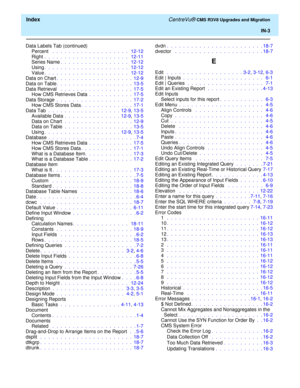 Page 257  Index CentreVu® CMS R3V8 Upgrades and Migration
IN-3
Data Labels Tab (continued)
Percent  .  .  .  .  .  .  .  .  .  .  .  .  .  .  .  .  .  .  .   12-12
Right.  .  .  .  .  .  .  .  .  .  .  .  .  .  .  .  .  .  .  .  .   12-11
Series Name.  .  .  .  .  .  .  .  .  .  .  .  .  .  .  .  .   12-12
Using.  .  .  .  .  .  .  .  .  .  .  .  .  .  .  .  .  .  .  .  .   12-12
Value.  .  .  .  .  .  .  .  .  .  .  .  .  .  .  .  .  .  .  .  .   12-12
Data on Chart.  .  .  .  .  .  .  .  .  .  .  .  .  .  .  ....