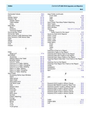 Page 259  Index CentreVu® CMS R3V8 Upgrades and Migration
IN-5
Hardcoded Values  .  .  .  .  .  .  .  .  .  .  .  .  .  .  .  .  18-3
hcwc  .  .  .  .  .  .  .  .  .  .  .  .  .  .  .  .  .  .  .  .  .  .  .  18-7
Header Option  .  .  .  .  .  .  .  .  .  .  .  .  .  .  .  .  .   13-10
Headers Tab .  .  .  .  .  .  .  .  .  .  .  .  .  .  .  .  .  .   13-10
Header Option.  .  .  .  .  .  .  .  .  .  .  .  .  .  .  .   13-10
Table Header  .  .  .  .  .  .  .  .  .  .  .  .  .  .  .  .   13-10
Using.  .  .  .  ....