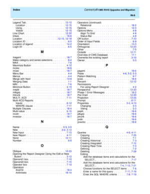 Page 260  Index CentreVu® CMS R3V8 Upgrades and Migration
IN-6
Legend Tab.  .  .  .  .  .  .  .  .  .  .  .  .  .  .  .  .  .  .   12-15
Location .  .  .  .  .  .  .  .  .  .  .  .  .  .  .  .  .  .  .   12-15
Using.  .  .  .  .  .  .  .  .  .  .  .  .  .  .  .  .  .  .  .  .   12-16
Visible .  .  .  .  .  .  .  .  .  .  .  .  .  .  .  .  .  .  .  .   12-15
Line Chart.  .  .  .  .  .  .  .  .  .  .  .  .  .  .  .  .  .  .  .   12-20
linkex .  .  .  .  .  .  .  .  .  .  .  .  .  .  .  .  .  .  .  .  .  .  ....