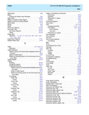 Page 262  Index CentreVu® CMS R3V8 Upgrades and Migration
IN-8
Status Bar.  .  .  .  .  .  .  .  .  .  .  .  .  .  .  .  .  .  .  .  .  . 4-8
Step 1
Access the Define Input Window  .  .  .  .  .  .  .  . 6-3
Step Chart  .  .  .  .  .  .  .  .  .  .  .  .  .  .  .  .  .  .  .   12-20
Steps to Create a New Report .  .  .  .  .  .  .  .  .  .  4-11
Steps to Edit an Existing Report  .  .  .  .  .  .  .  .  .  4-13
Store Data  .  .  .  .  .  .  .  .  .  .  .  .  .  .  .  .  .  .  .  .  17-2
String .  .  .  .  .  .  ....