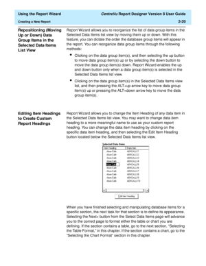 Page 38  Using the Report Wizard CentreVu Report Designer Version 8 User Guide
Creating a New Report2-20
Repositioning (Moving 
Up or Down) Data 
Group Items in the 
Selected Data Items 
List View
2
Report Wizard allows you to reorganize the list of data group items in the 
Selected Data Items list view by moving them up or down. With this 
feature, you can dictate the order the database group items will appear in 
the report. You can reorganize data group items through the following 
methods:
lClicking on the...