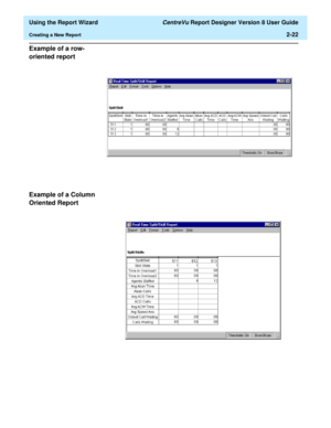 Page 40  Using the Report Wizard CentreVu Report Designer Version 8 User Guide
Creating a New Report2-22
Example of a row-
oriented report
2
Example of a Column 
Oriented Report
2 