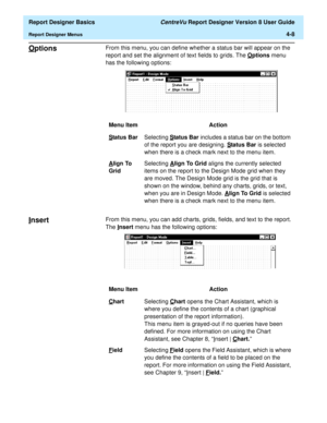 Page 68  Report Designer Basics CentreVu Report Designer Version 8 User Guide
Report Designer Menus4-8
Options4From this menu, you can define whether a status bar will appear on the 
report and set the alignment of text fields to grids. The O
ptions menu 
has the following options:
Insert4From this menu, you can add charts, grids, fields, and text to the report. 
The I
nsert menu has the following options: Menu Item Action
S
tatus BarSelecting Status Bar includes a status bar on the bottom 
of the report you...